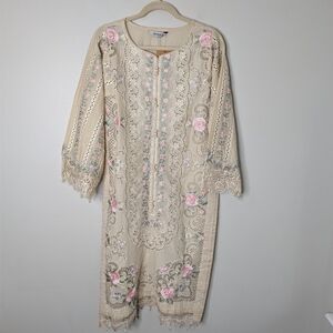 Maria B. Embroidered Floral Lace Pearl Details Dress Top